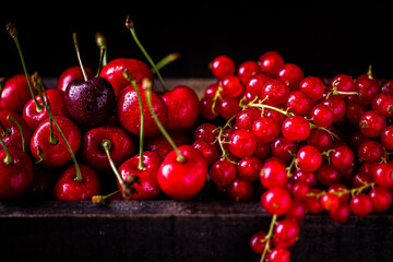 Frisch eerntete Johannisbeeren und Kirsch in Holzschachtel 