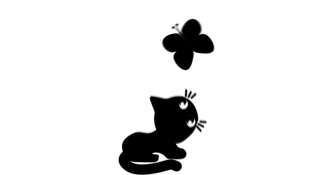 Animation of black cat hunting butterfly, cute kitten silhouette. 2d, animation, cartoon, illustration, clip art, vector. Web page sign in black and white. Alpha channel. Time lapse.