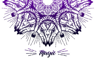 Vector illustration. Mandala. Magic, hands, flowers. Handmade. prints on T-shirts, tattoos, background white, purple color