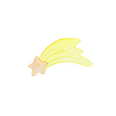 Watercolor illustration. Cartoon golden comet with a yellow tail. Illustrations for children