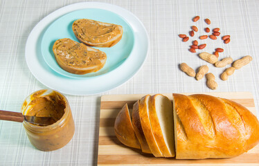 Breakfast, loaf, peanut butter sandwiches. Sandwich with peanut butter - food and drink