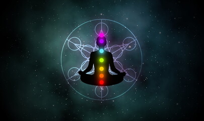 Hexagram and meditation man in the galaxy