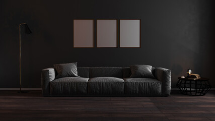 Golden vertical frames mock up in dark luxury living room interior background, golden poster frame mockup, 3d rendering
