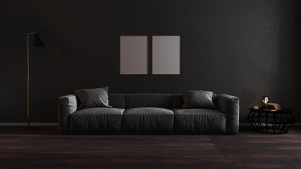 Golden vertical frames mock up in dark luxury living room interior background, golden poster frame mockup, 3d rendering

