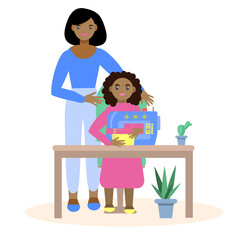 Home classes with children. An African-American family. Mother and daughter sew. Mom teaches her child to sew on a sewing machine. Hobby.Flat style vector illustration isolated on white background.