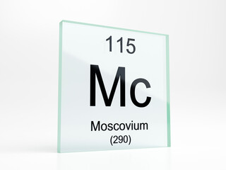 Moscovium element symbol from periodic table on glass icon - realistic 3D render	