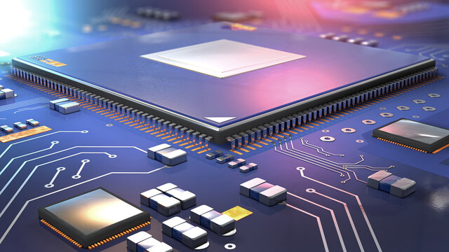 Close up of semiconductor processor on computer circuit board - 3d illustration