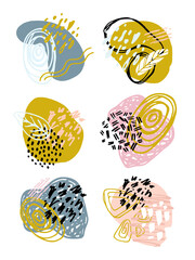 Color abstract hand drawn doodle template design set. Brush splash banner art set.