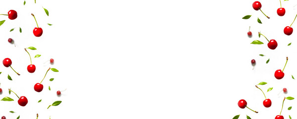 Organic cherry berry with green leaves levitating on white background. Berry summer background. Flat lay, top view, copy space