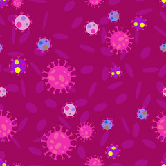 Seamless pattern created by several objects set to virus in vivid background