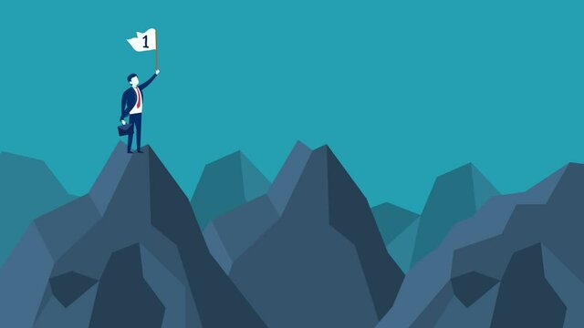 Businessman animation holds flag on top of mountain