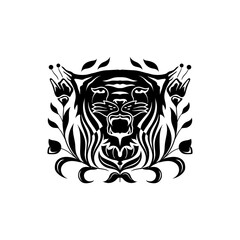 Vector illustration of a lion face with a floral decoration on a black background.