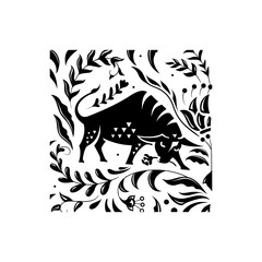 Buffalo vector illustration with floral decoration on black background.