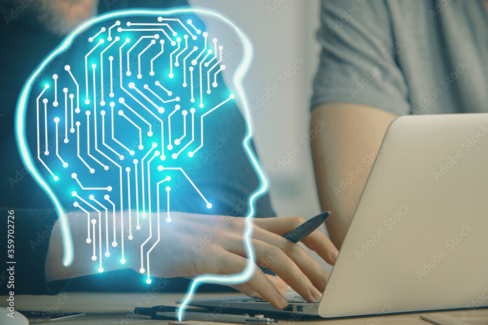 Poster Businessman with computer background with brain theme hologram. Concept of brainstorm. Multi exposure.
