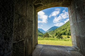Valle del Chiese (Chiese valley), view from the window of the Forte Larino, Austro-Hungarian military fortress. Lardaro village, Trento Province, Trentino Alto Adige, Italy, Europe