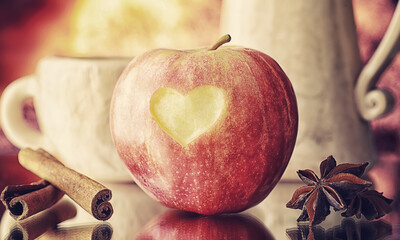 Fresh apples on a wooden board. Harvest of red apples. Fruits and cinnamon on the table.