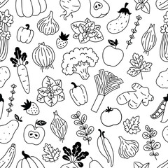 Vegetables seamless pattern. Linear graphic. Scandinavian style. Healthy organic food pattern. Vector illustration