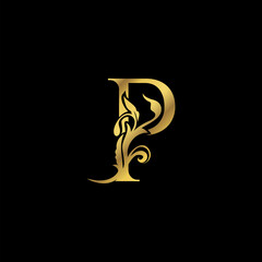 Golden Initial P Luxury Letter Logo Icon vector design ornate swirl nature floral concept