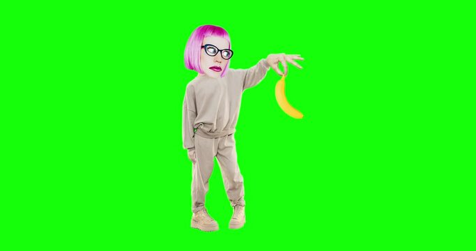 Stop motion animation character Girl with different emotions on chroma key background.Ideal for advertising and presentations, dancing motion 