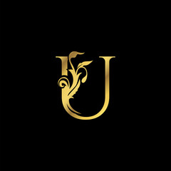 Golden Initial U Luxury Letter Logo Icon vector design ornate swirl nature floral concept
