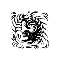 Lion vector illustration with a floral decoration on a black background.