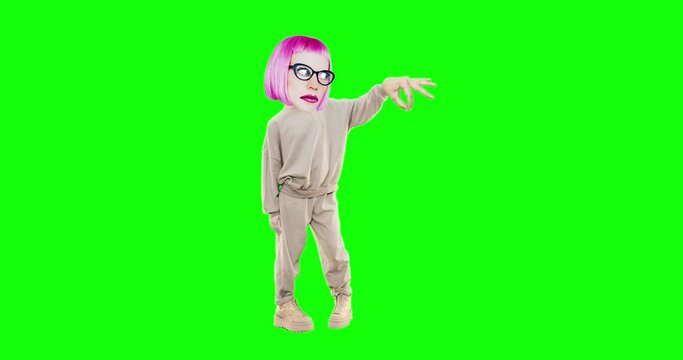Stop motion animation character Girl with different emotions on chroma key background.Ideal for advertising and presentations, dancing motion 