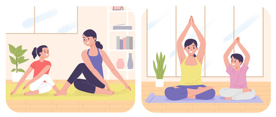 Obraz premium mother with daughter and son yoga as indoor activity