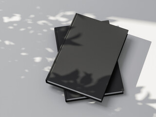 Two Books or Notebooks Mockup with black textured hardcover on white background outdoors