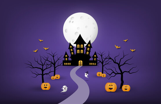 Happy Halloween banner or poster background with big moon and silhouette ghost castle, pumpkin, bare tree and bit in paper cut style.