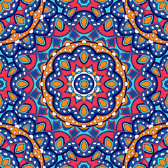 Seamless ornamental oriental pattern. Repeating geometric tiles with mandala. Vector laced decorative background with floral and geometric ornament. Indian or Arabic motive. Boho festival style