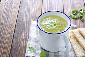 Chicken or meat broth in a white ceramic mug with a blue rim.