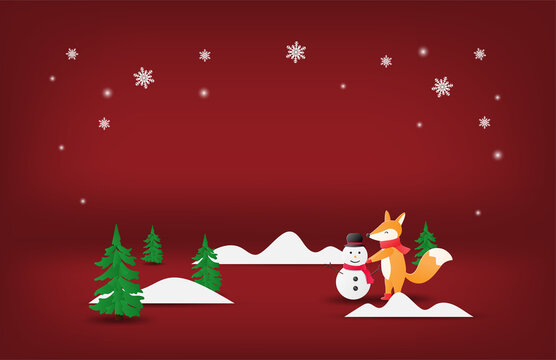 Paper art and craft Christmas background. A happy fox and snowman on red background with space.