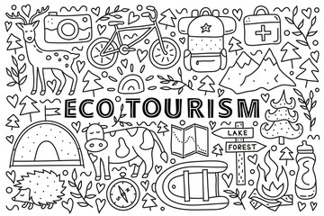 Poster with lettering and doodle outline eco tourism icons including deer, camera, bicycle, sun, backpack, first aid kit, mountains, tent, cow, hedgehog, compass, boat isolated on white background.