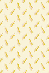 Whole and open bananas on a light background. Vegetarian concept. Creative drawing, minimalism, top view, flat lay. Tasty and healthy food.