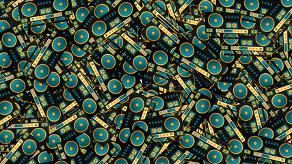 Seamless pattern of retro old hipster music audio tape recorders from the 70s, 80s, 90s, 2000s, background