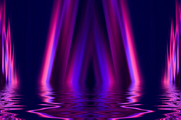 Light neon effect, energy waves on a dark abstract background. Laser colorful neon show. Reflection of light in the water. Smoke, fog. 3d illustration