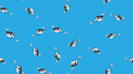 Seamless pattern of retro old hipster video game consoles texture from the 70s, 80s, 90s, 2000s on a blue background