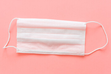 Surgical mask with rubber ear straps. Typical 3-ply surgical mask to cover the mouth and nose. Procedure mask from bacteria. Protection concept.