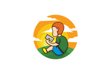 Young boy illustration sitting on the ground use green color and playing games on smart phone over bright orange  sun background. kids logo designs template use flat style color.