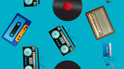 Seamless pattern of retro old hipster music audio cassette players and tape recorders vinyl records and radio from the 70s, 80s, 90s, 2000s on a blue background