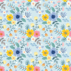 Colorful hand drawn flowers seamless pattern vector design.