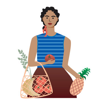 Young vegan girl with shopping bag with fruits and vegetables isolated on a white background, flat vector stock illustration as a concept of veganism or eco-friendly lifestyle