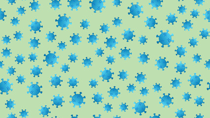 Seamless pattern of blue viruses of the bacteria coronavirus disease Covid-19 pandemic dangerous infectious texture on a green background