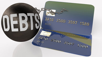 credit card and Debts metal ball 3d rendering  for Financial concept