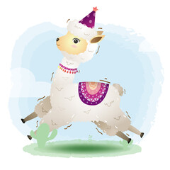cute little alpaca with accessories in the children's style. cute cartoon little alpaca vector illustration
