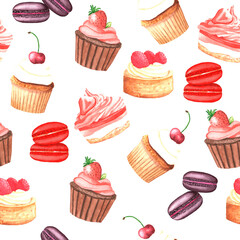 Seamless drawing with watercolor hand-painted sweet and delicious cakes with berries. Hand painted fruit dessert background perfect for fabric textiles or menu Wallpaper