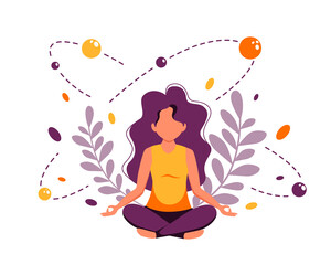 Woman meditating in lotus pose. Yoga, meditation, relax, recreation, healthy lifestyle. Vector illustration