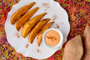 Sweet potato fries with mayonnaise and ketchup
