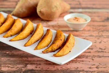 Sweet potato fries with mayonnaise and ketchup