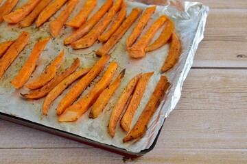 Sweet potato fries on baking sheet